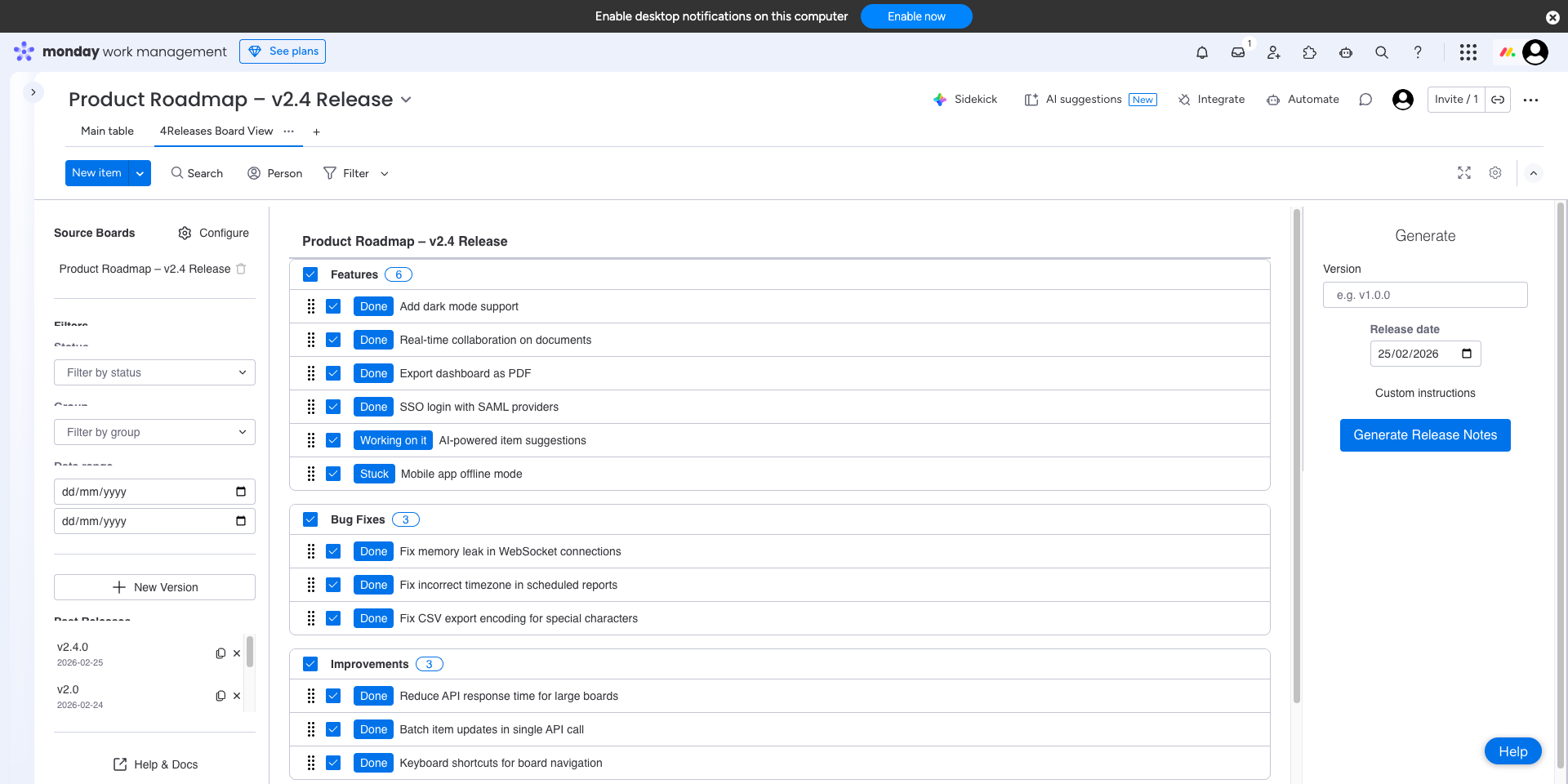 Version builder with board items grouped by category
