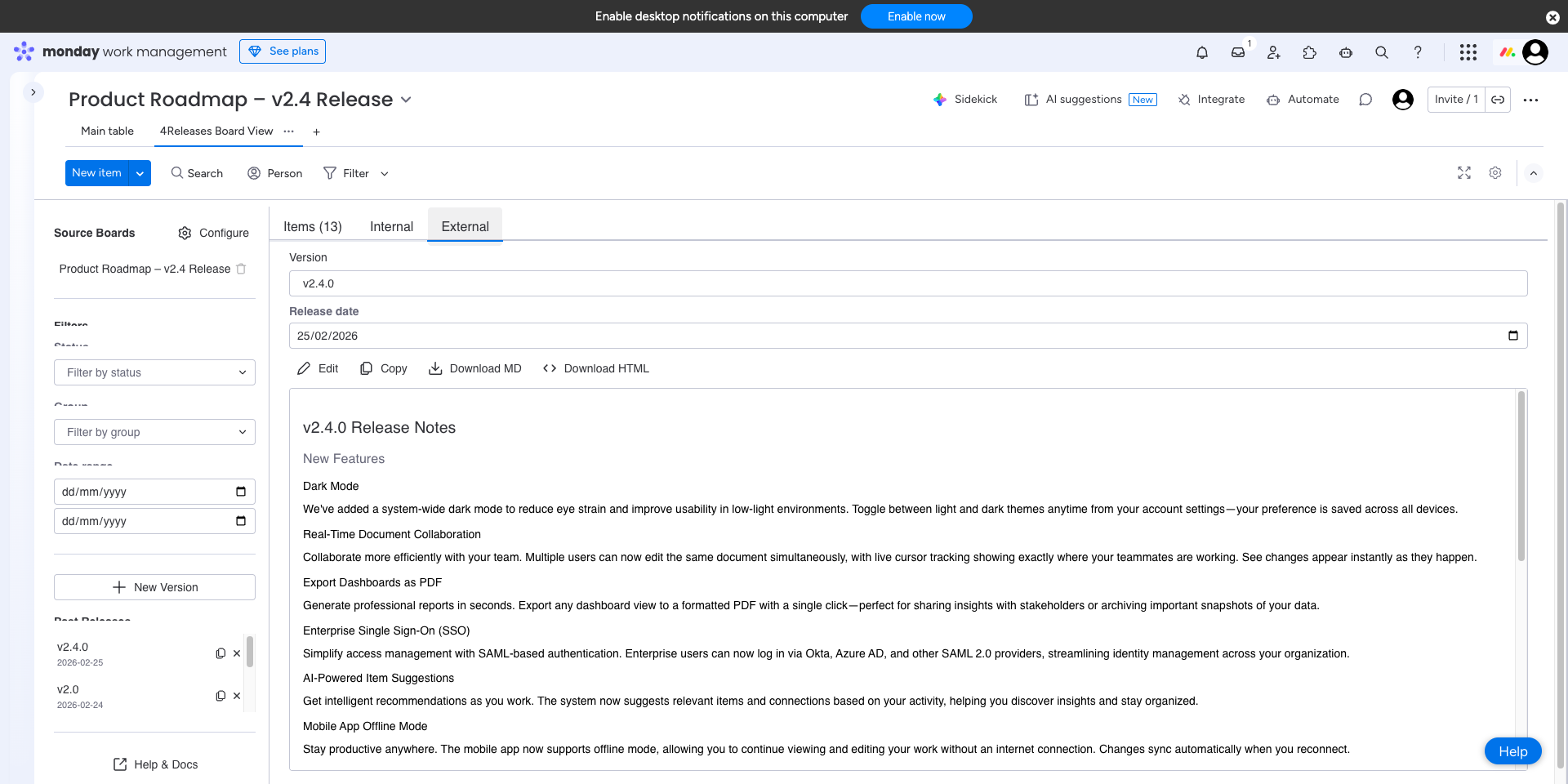 Customer-facing external release notes with polished descriptions