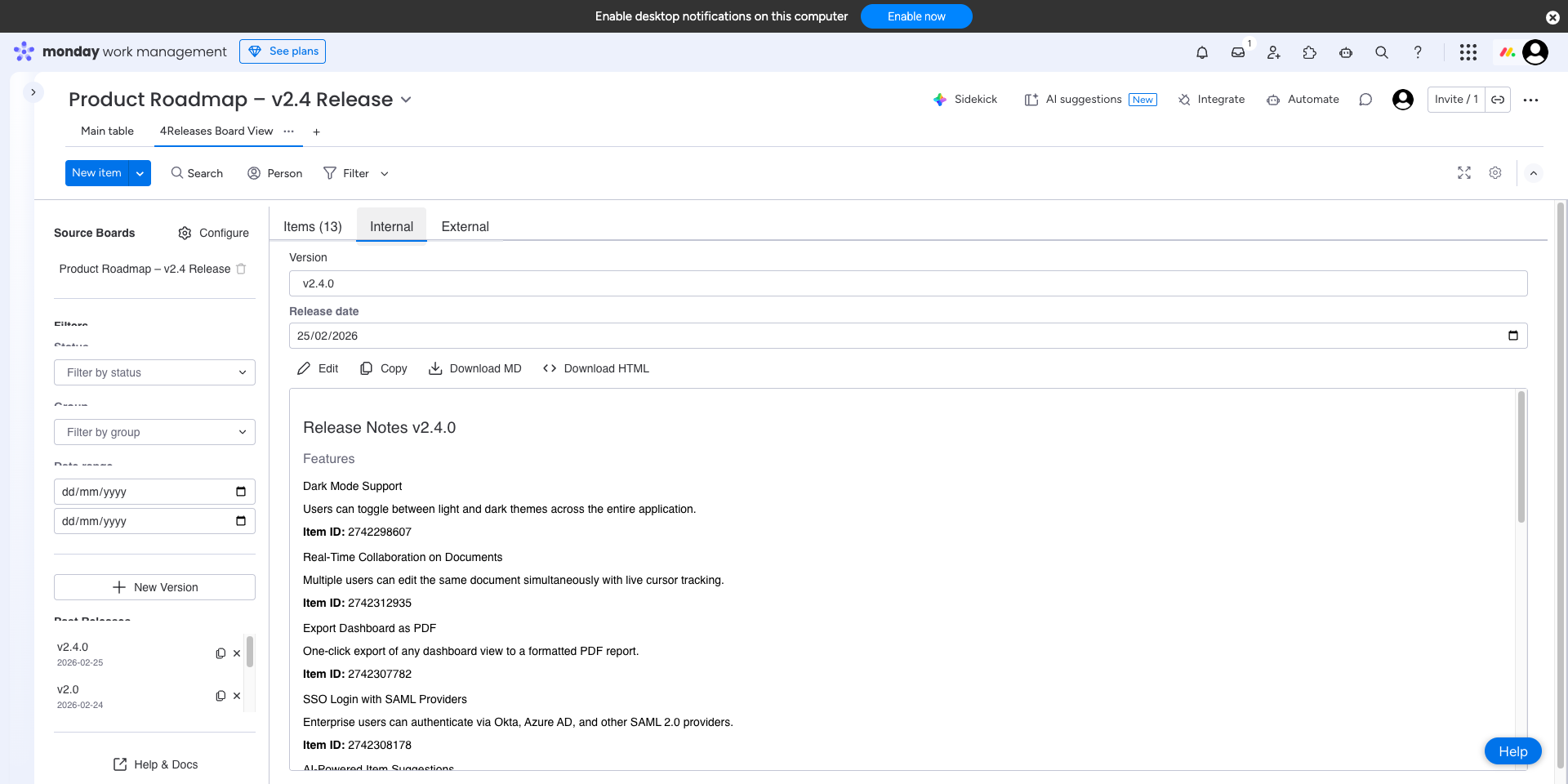 AI-generated internal release notes with item IDs and technical detail