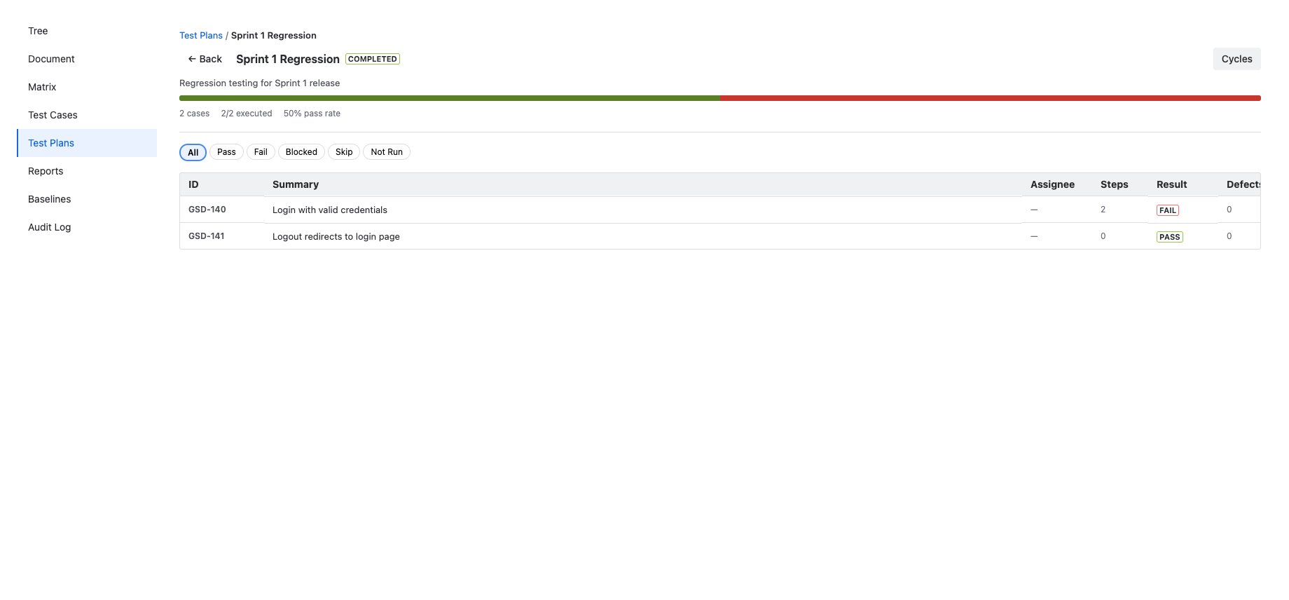 Test execution runner with step-by-step results