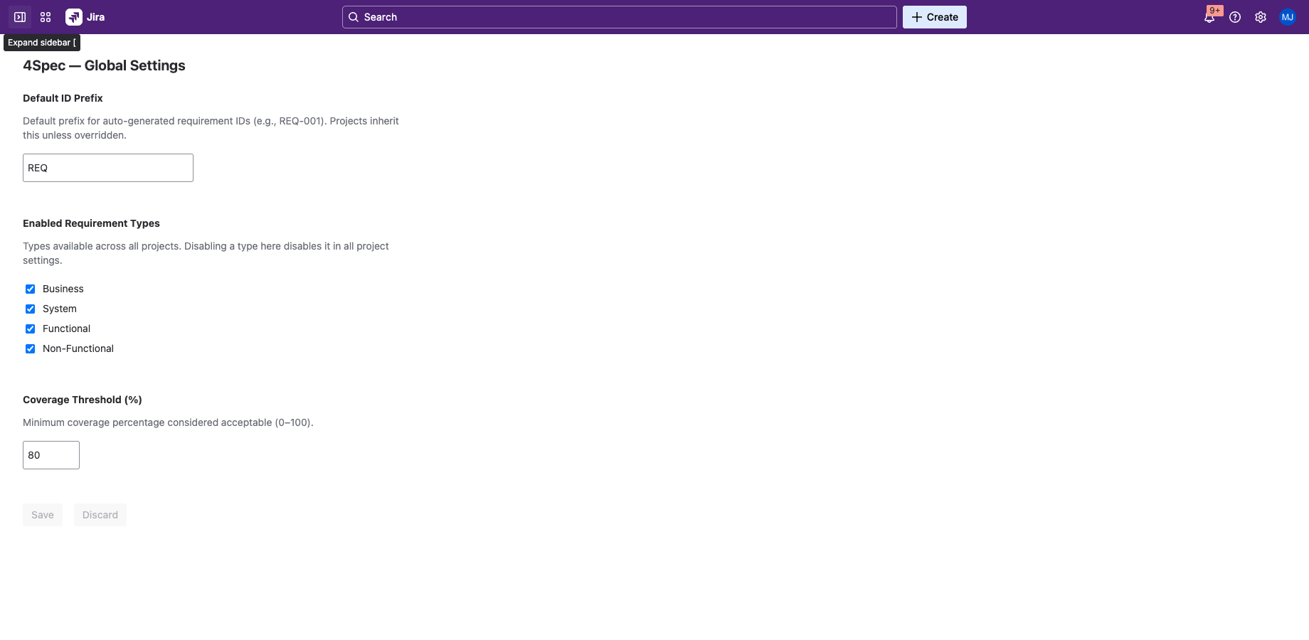 4Spec Global Settings page showing Default ID Prefix, Enabled Requirement Types checkboxes, and Coverage Threshold configuration