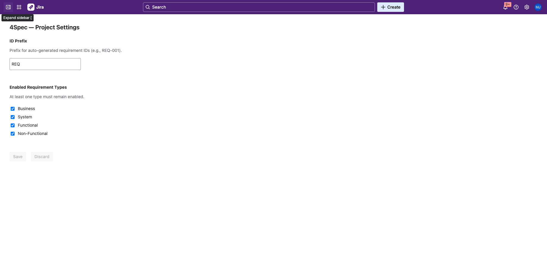 4Spec Project Settings page showing per-project ID Prefix and Enabled Requirement Types configuration