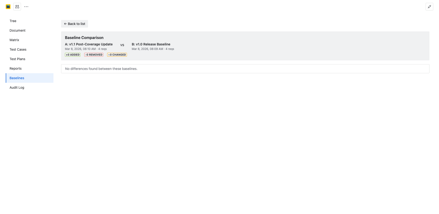 Baseline comparison showing two baselines side by side with Added, Removed, and Changed indicators