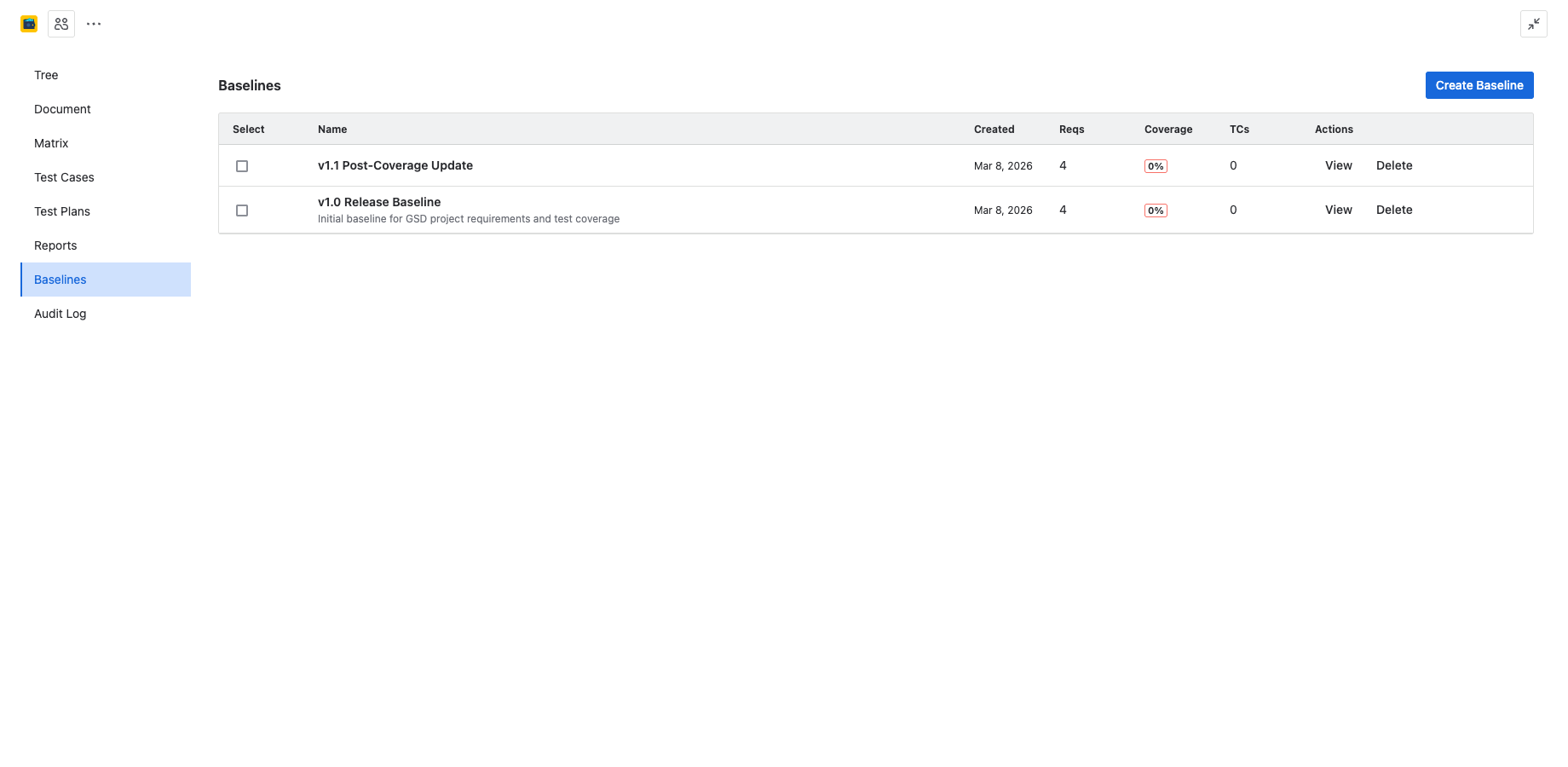 Baselines list showing baseline names, creation dates, requirement counts, coverage percentages, and View/Delete actions