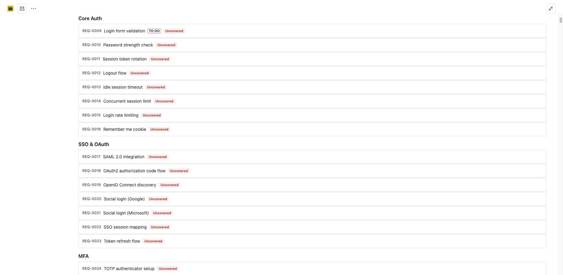 Document view showing deeper nested sections with subsection headings and requirements organized by category