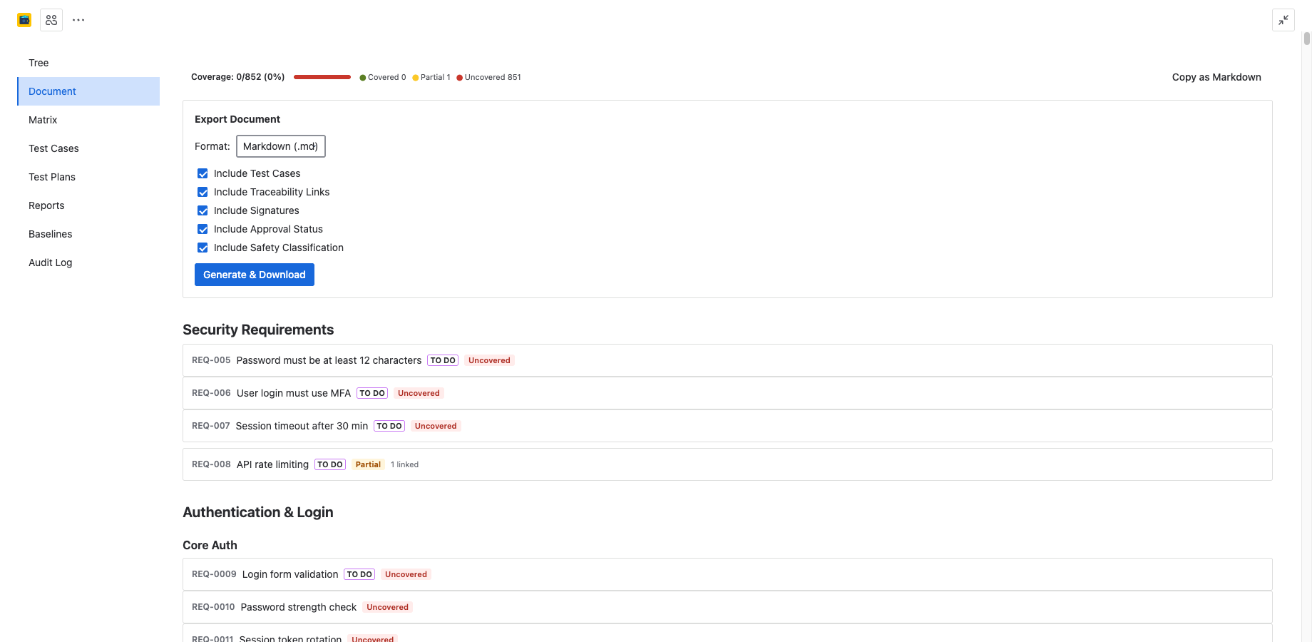 Document view rendering requirements as a structured specification with section headings, REQ IDs, status badges, and export options