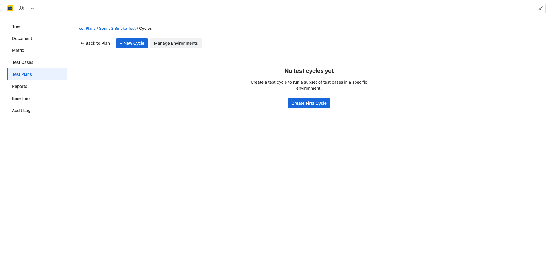 Test Cycles view with New Cycle and Manage Environments buttons