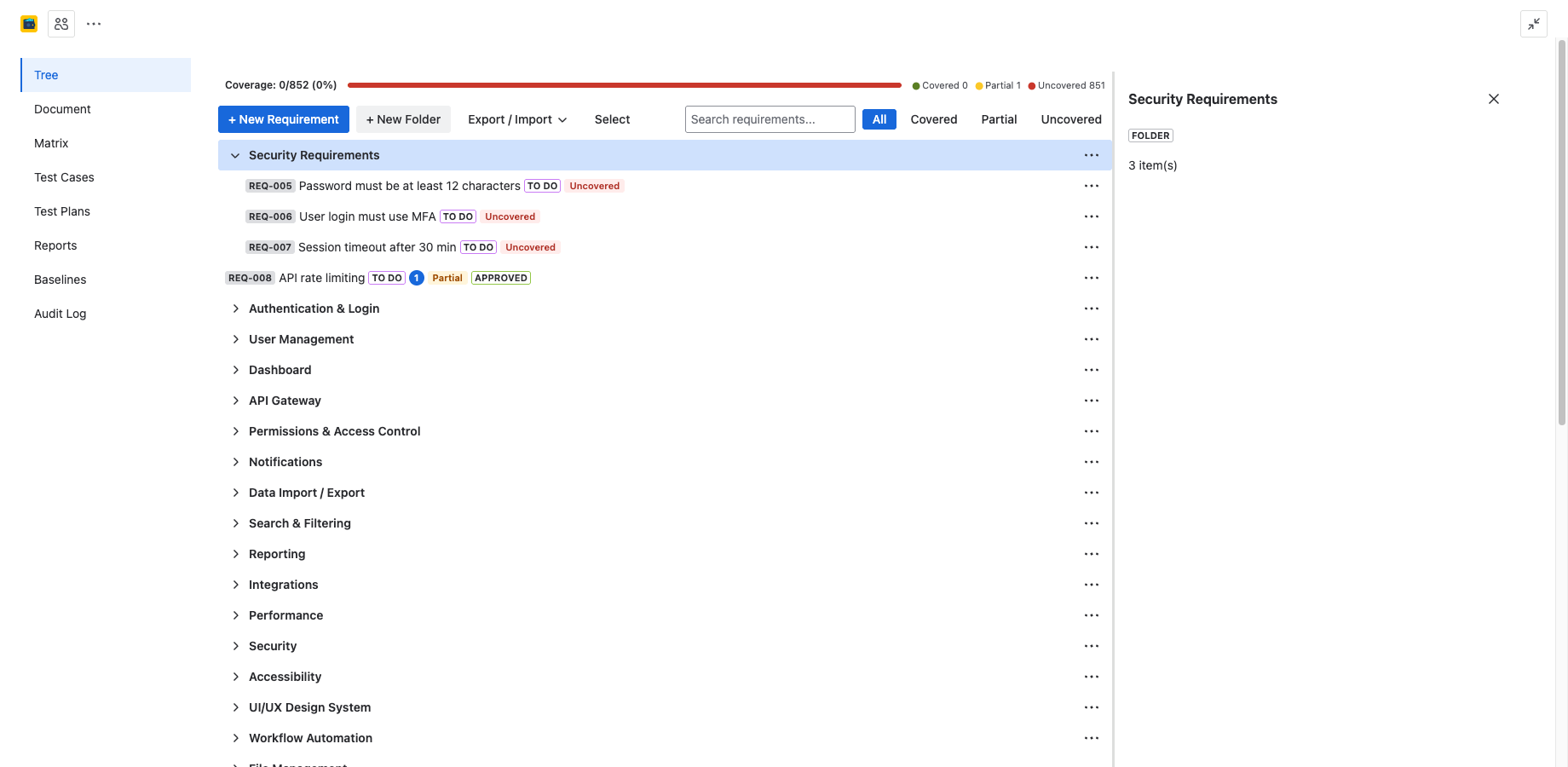 Requirements tree with expanded Security Requirements folder showing REQ IDs, status badges, and coverage indicators