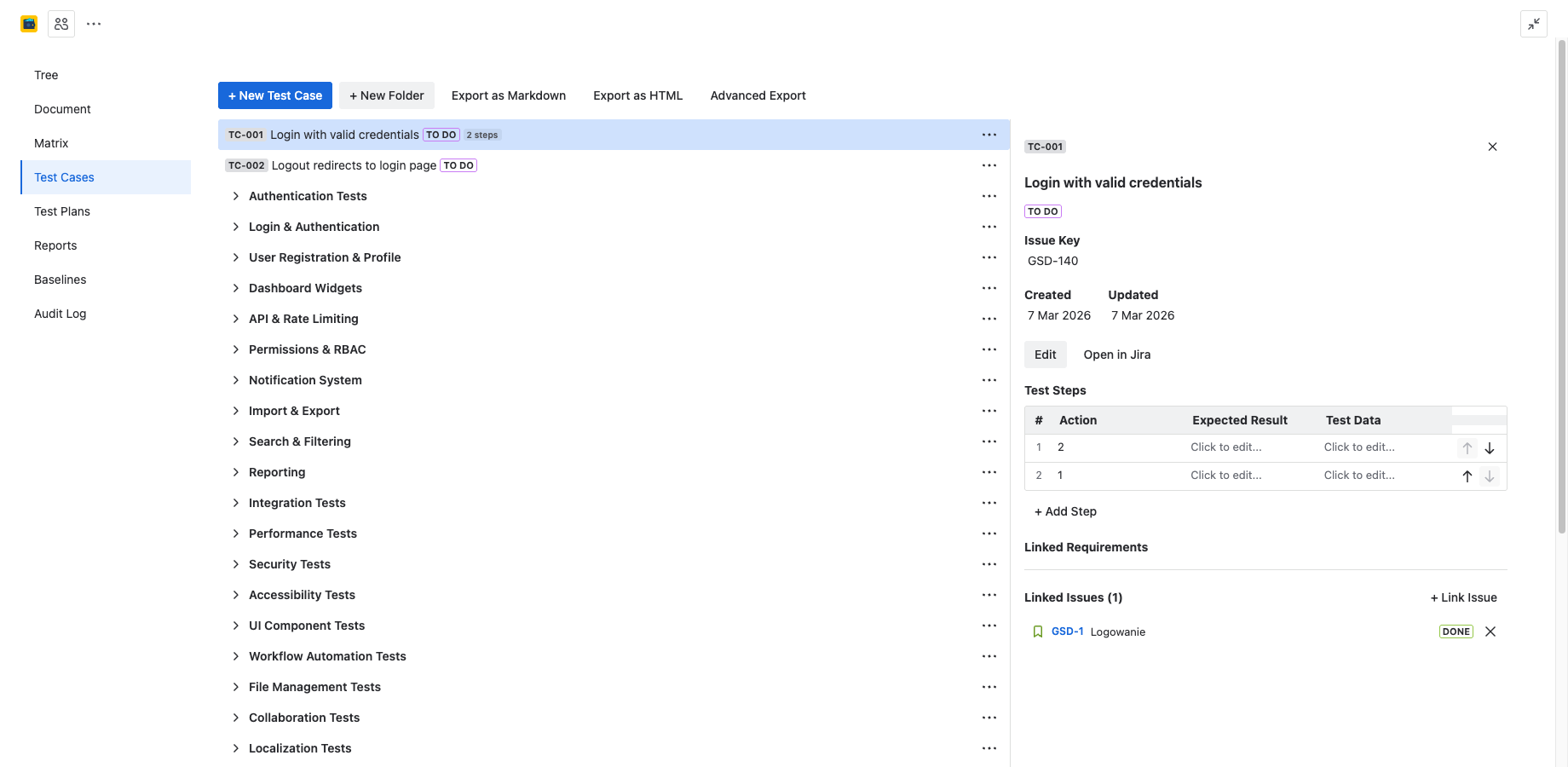Test case detail panel showing linked requirements section with bidirectional traceability
