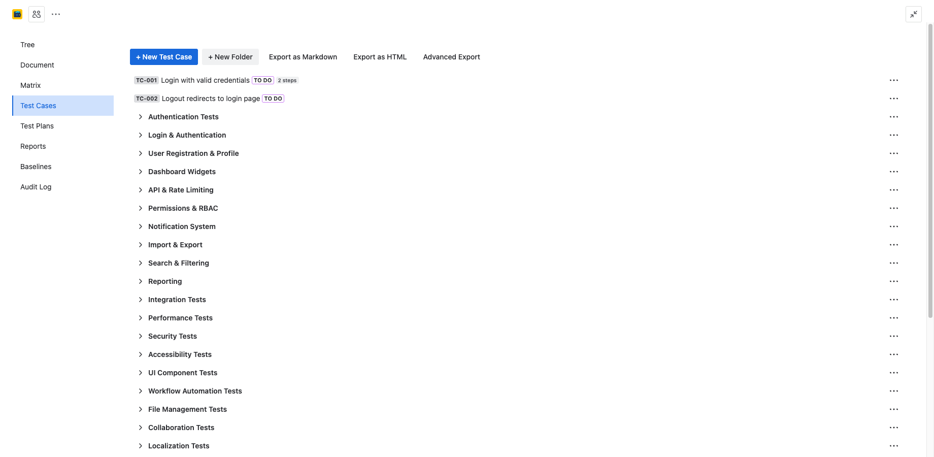 Test Cases tab showing folder tree with test case folders organized by feature area