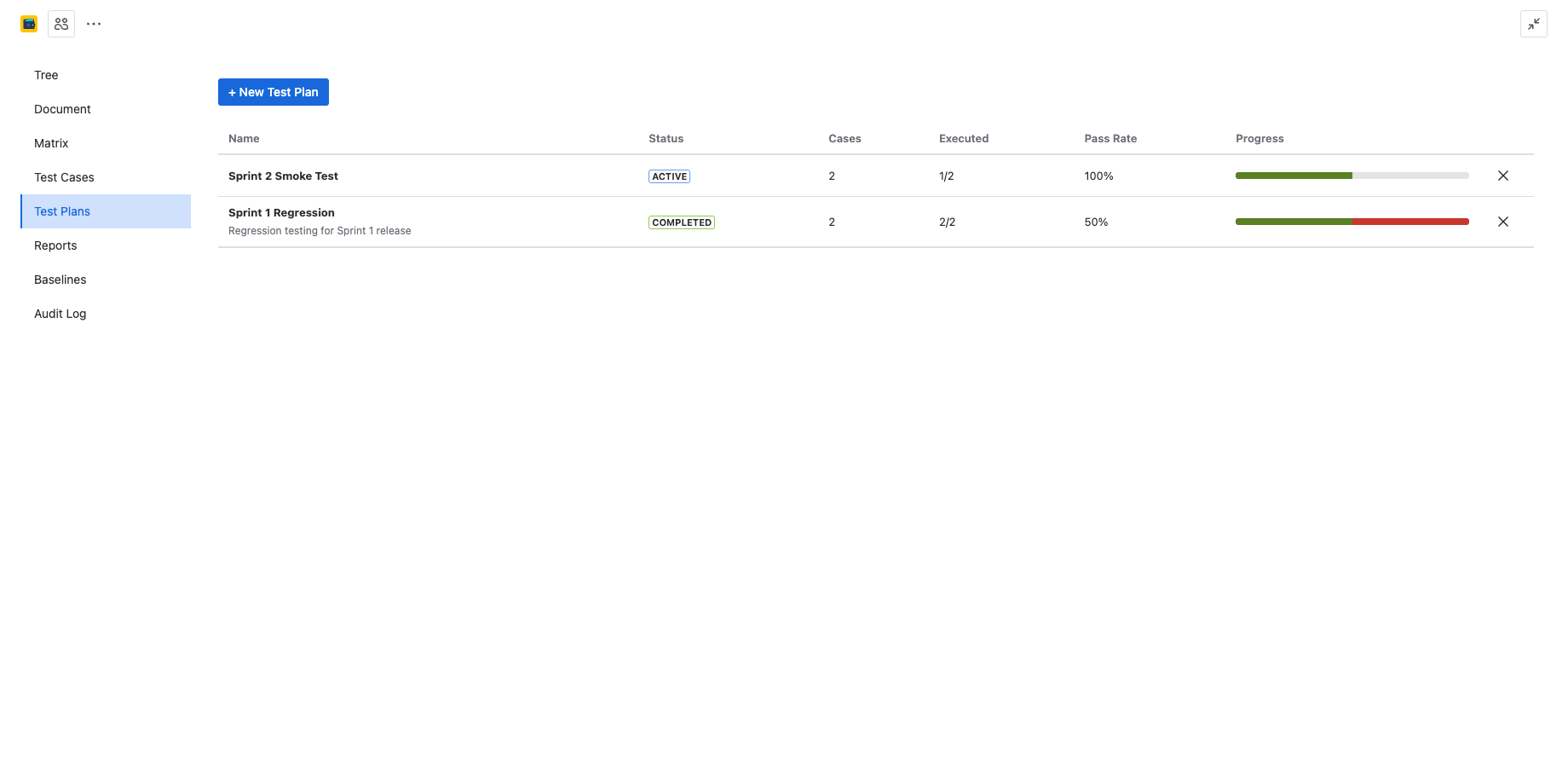 Test Plans list showing plan names, status badges, execution counts, pass rates, and color-coded progress bars