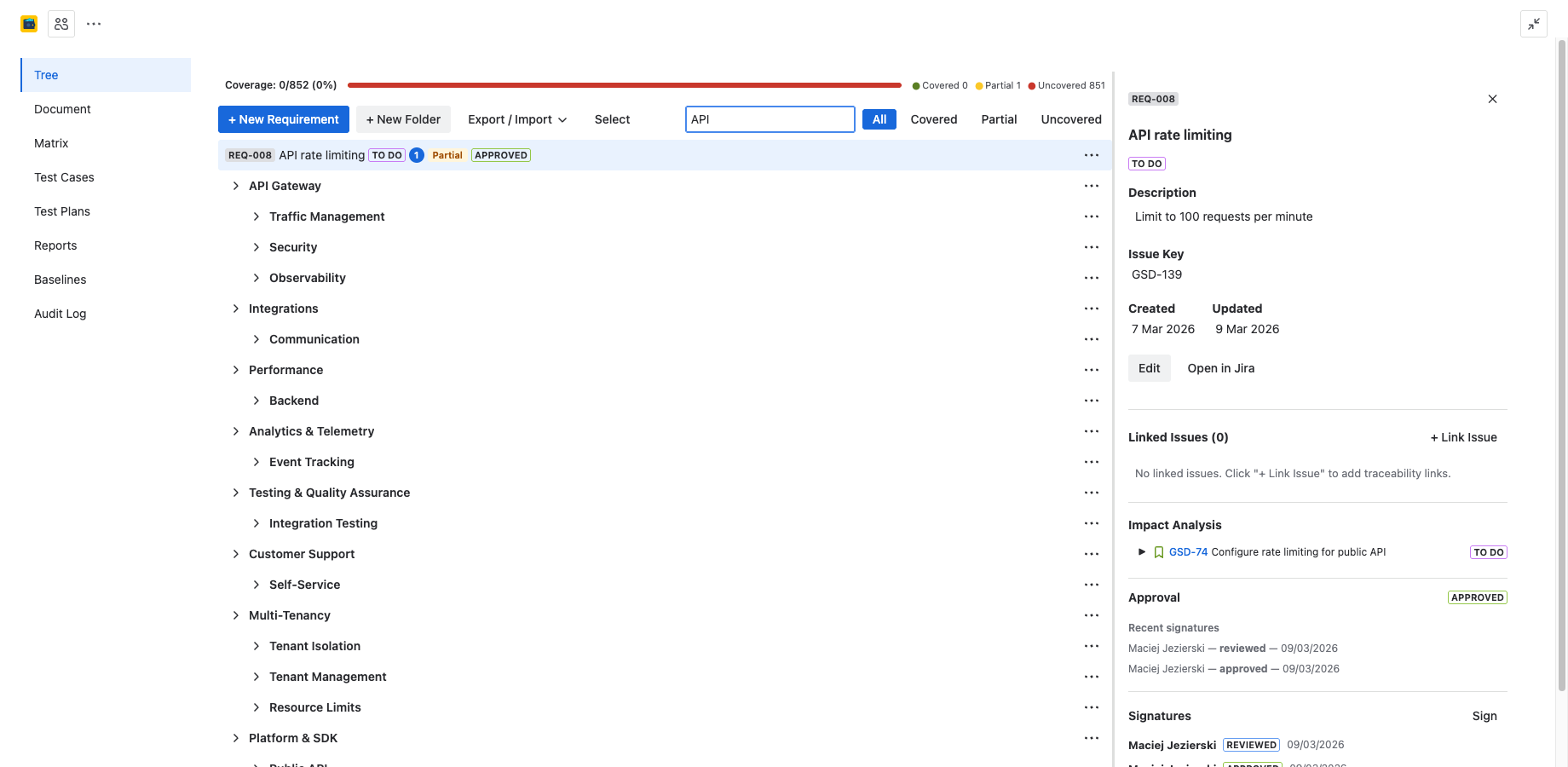 Search bar filtering requirements by keyword with matching results shown across folders