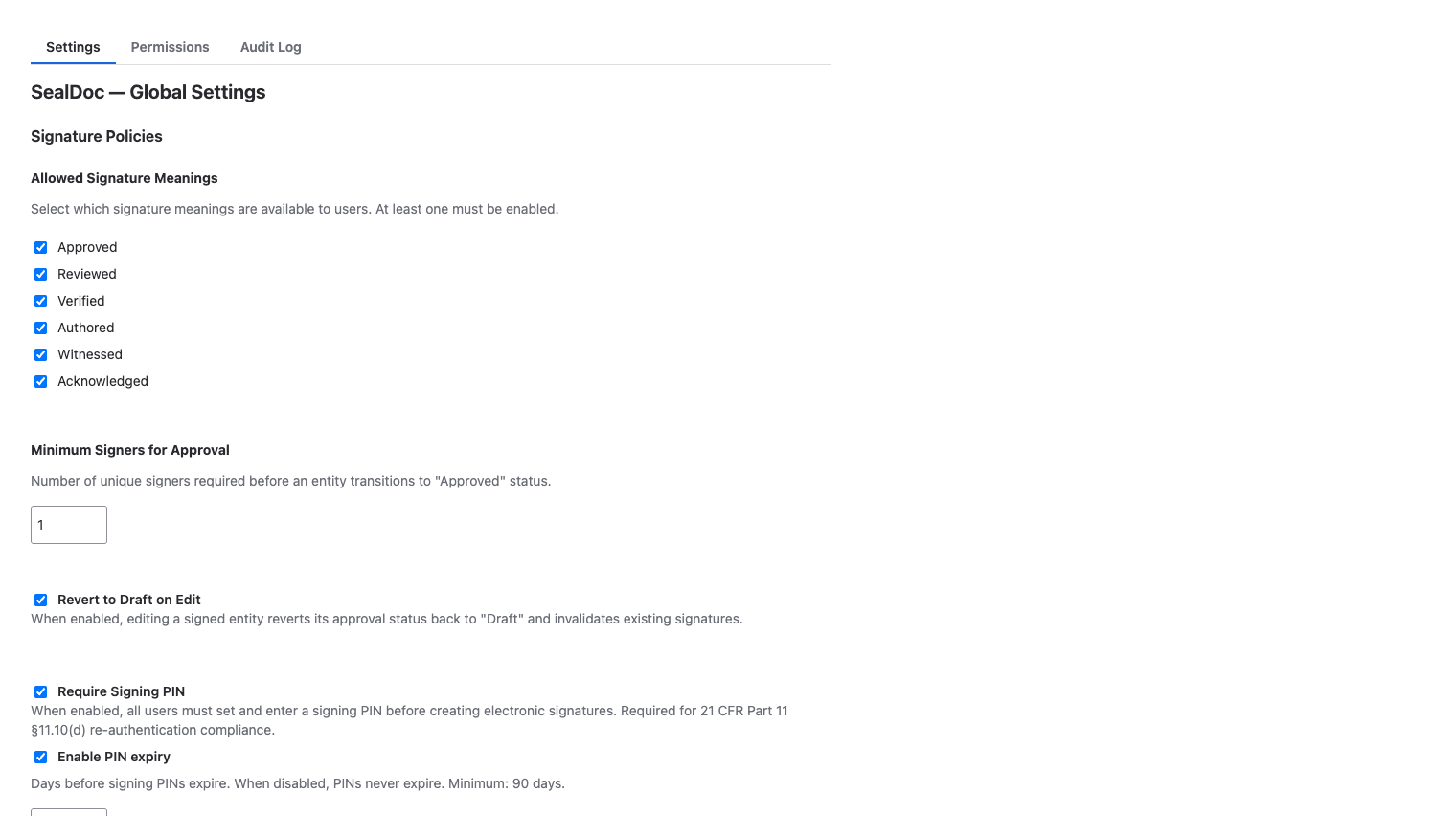 SealDoc admin settings page showing signature policy configuration: minimum signers, separation of duties, PIN expiry period, and revert on edit toggle