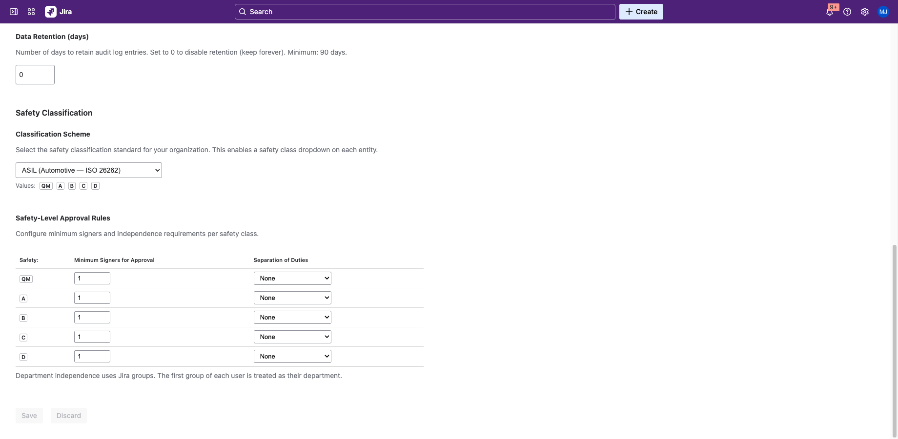 SealDoc admin settings page showing safety classification scheme selection with ASIL, DAL, Risk Class, and Custom options, and per-level signer rules