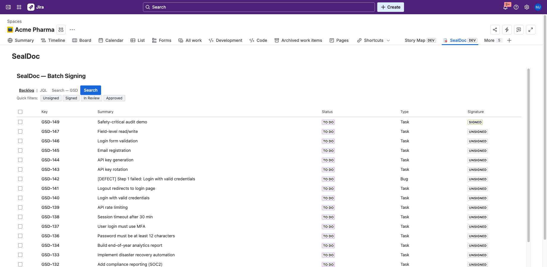 SealDoc batch signing project page showing a searchable issue list with key, summary, status, type, and signature status columns, with quick filters for Unsigned, Signed, In Review, and Approved