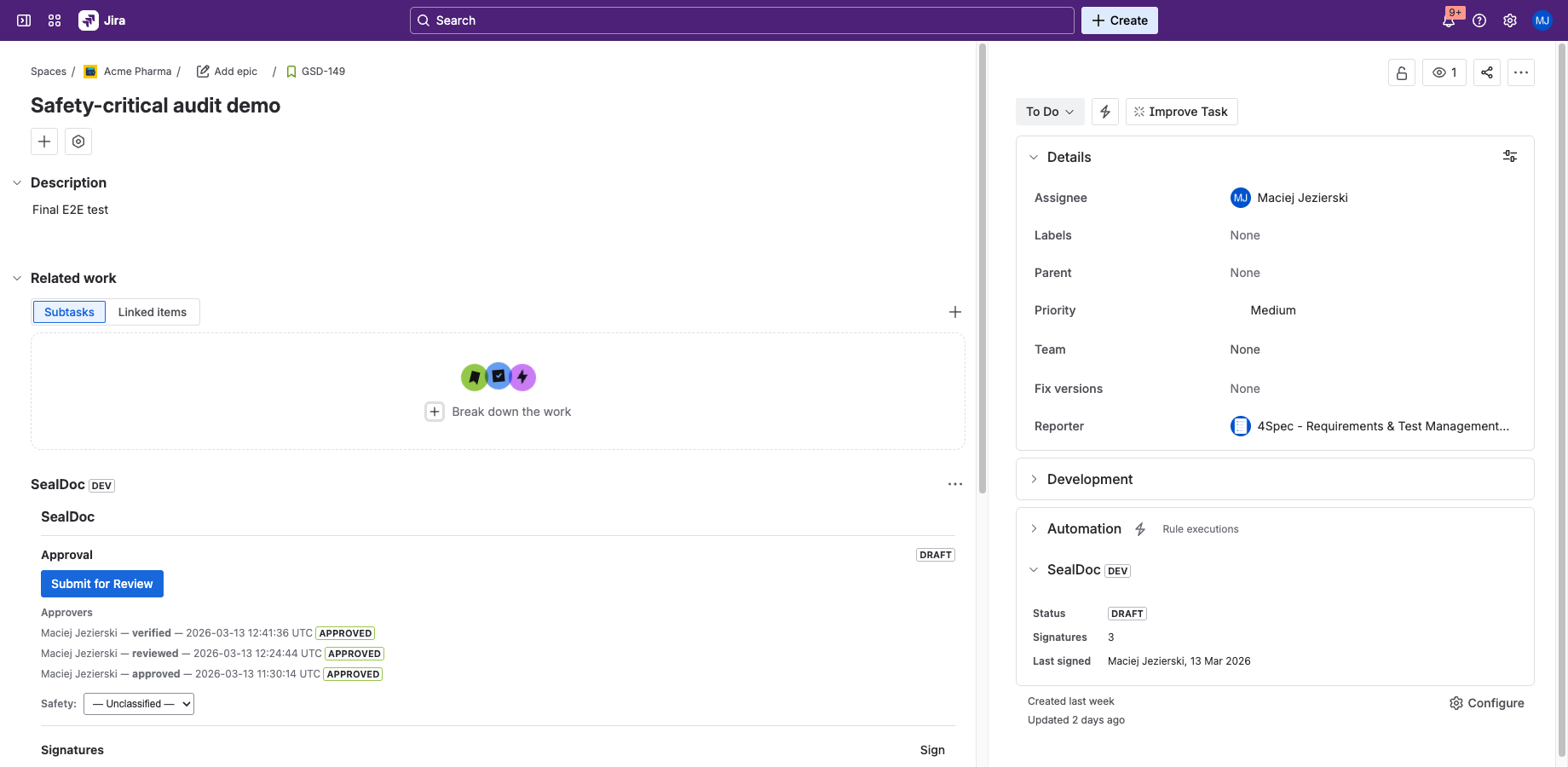 SealDoc issue panel inside Jira showing the approval section with Submit for Review button, three approver signatures, safety classification dropdown, and Signatures section with Sign button