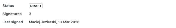 SealDoc issue context badge showing Draft status, 3 signatures, and last signed date