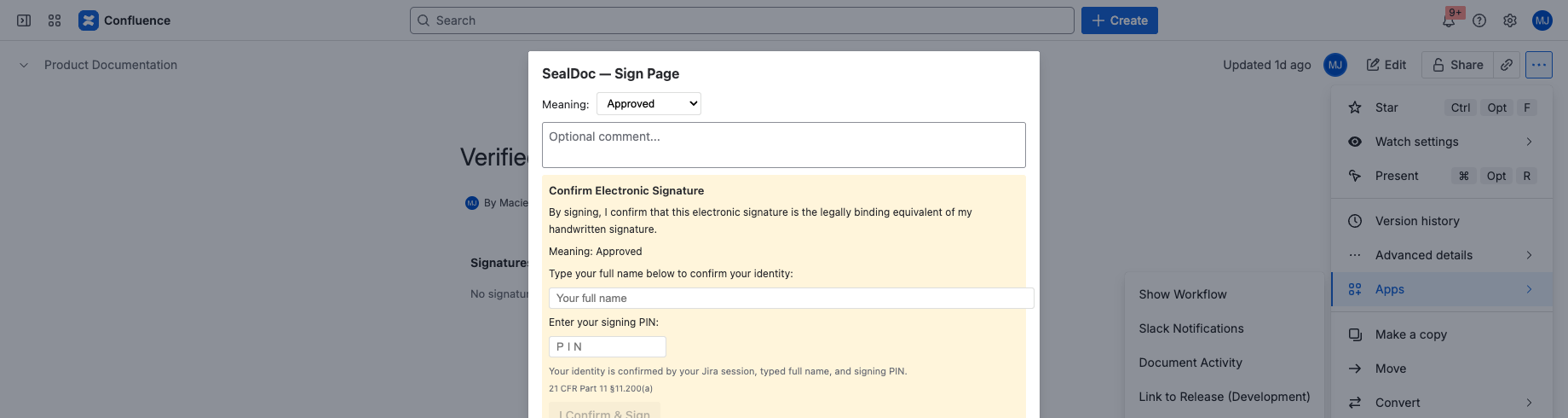 SealDoc signing modal on a Confluence page showing the signature meaning selector, comment field, content hash, name affirmation, and PIN entry