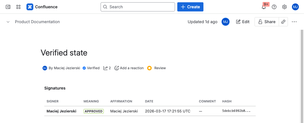 SealDoc Signature Block macro embedded in a Confluence page showing a table of signatures with signer names, meaning badges, dates, and content hashes
