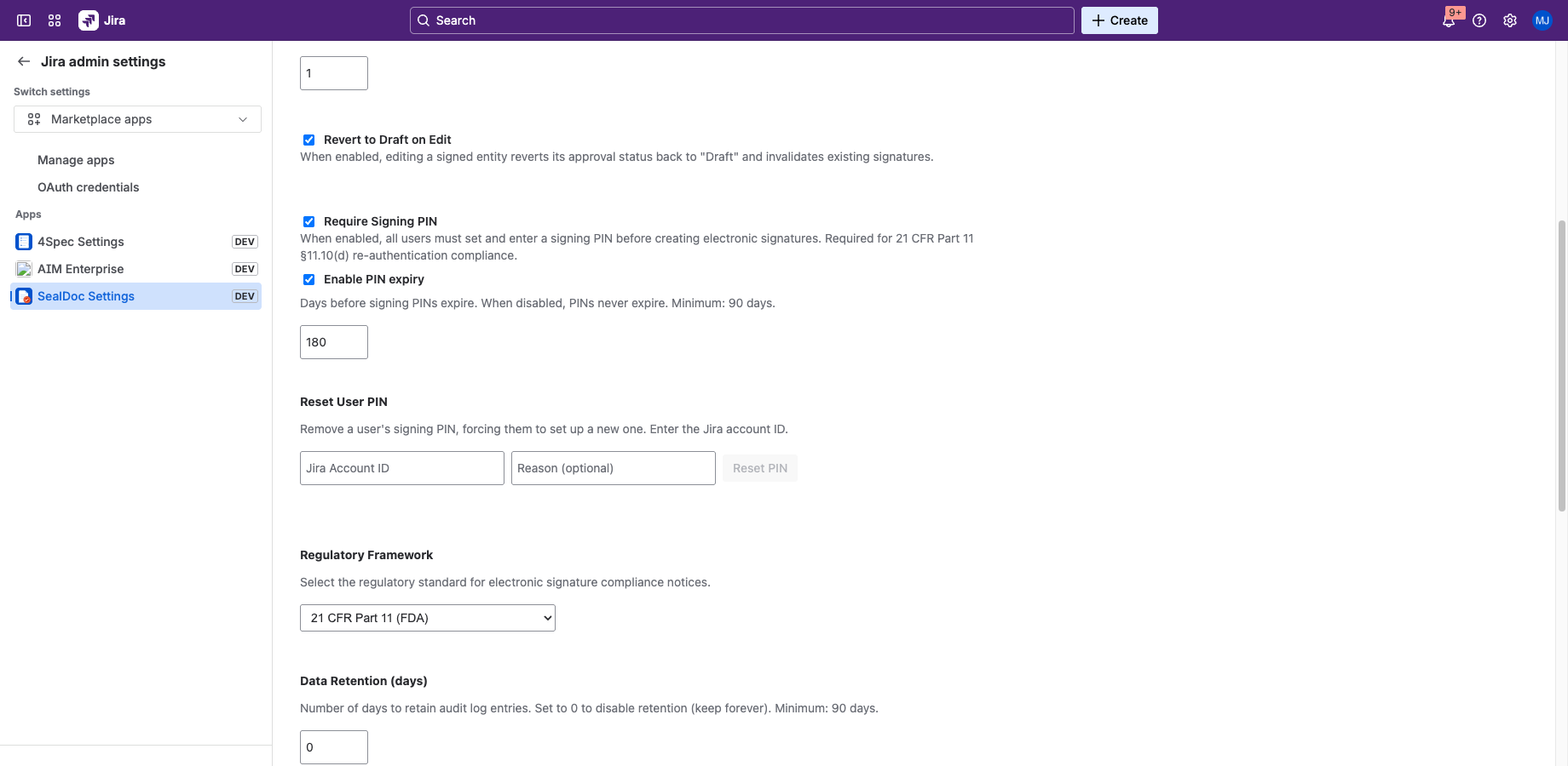 SealDoc admin settings showing the Enable PIN expiry toggle with 180-day default, and the Reset User PIN section with account ID and reason fields