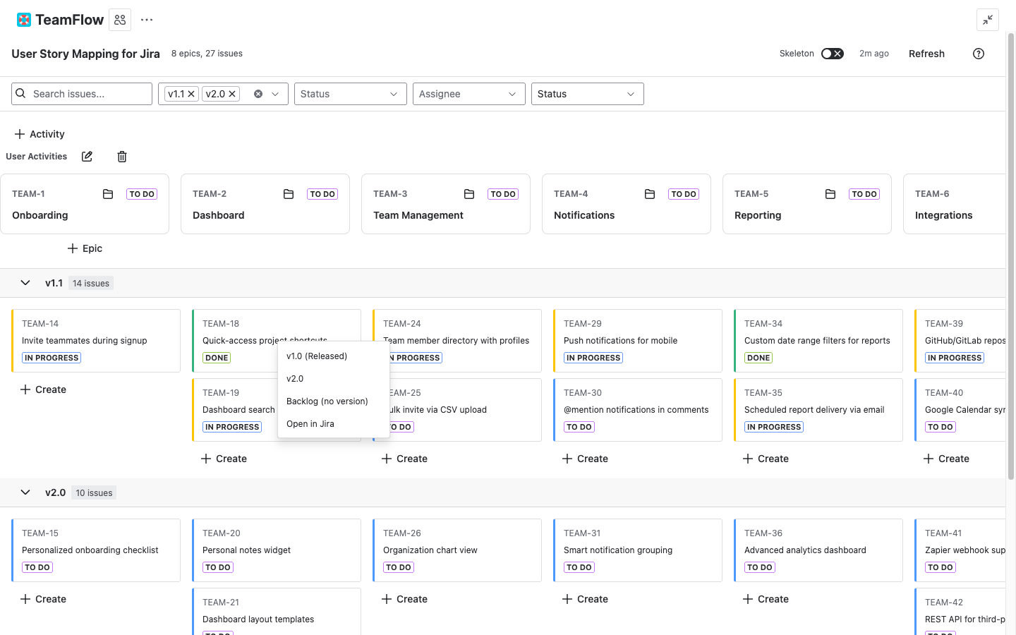 Right-click context menu on a story card showing Move to version and Open in Jira options
