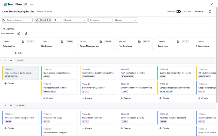 Animated demo of dragging a story card between epic columns