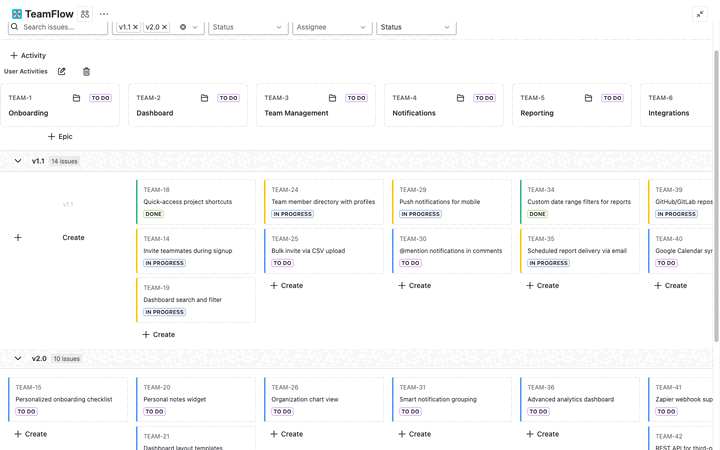 Animated demo of filtering by status showing live issue count