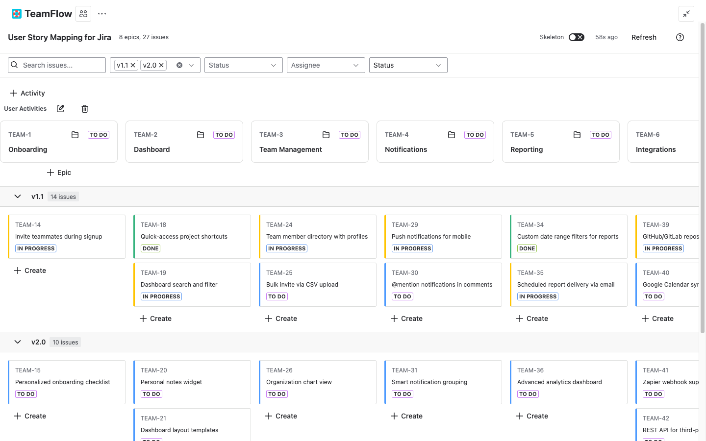 Full story map view inside Jira showing epics as columns, version swimlanes, and story cards with status badges