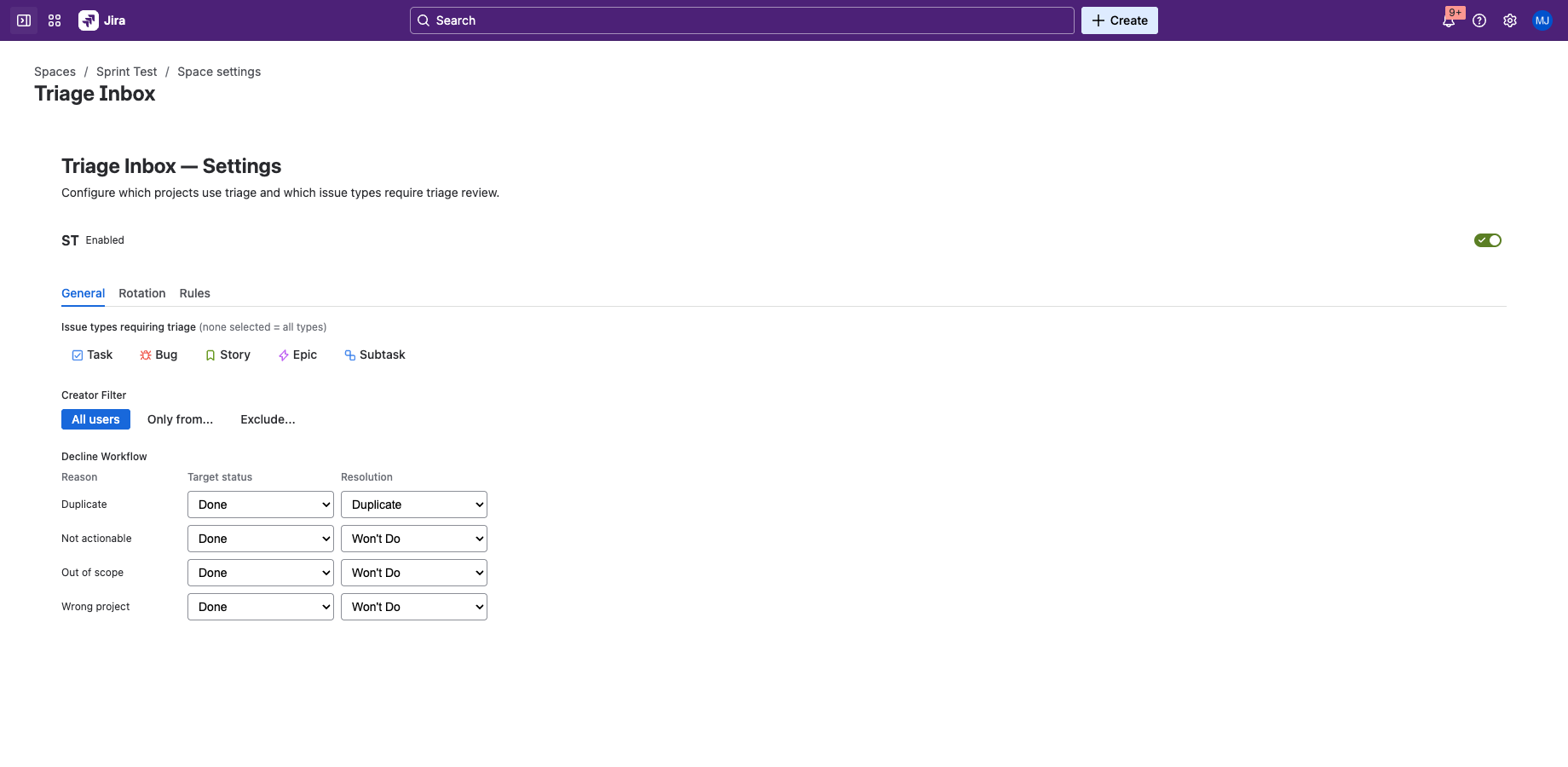Triage Inbox project settings showing issue type filters, creator filter, and decline workflow