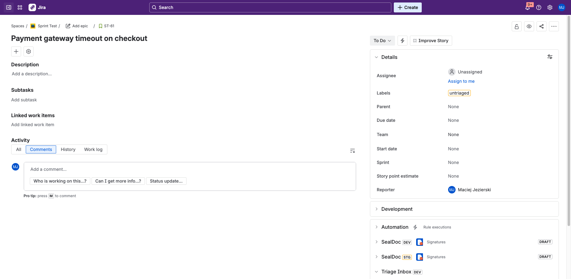 Jira issue with Triage Inbox context panel showing PENDING status and action buttons