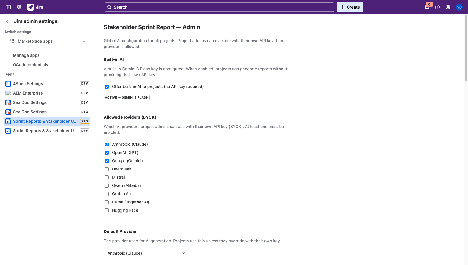 Admin page showing Built-in AI toggle, allowed providers, default provider and model selection, and organization API key field